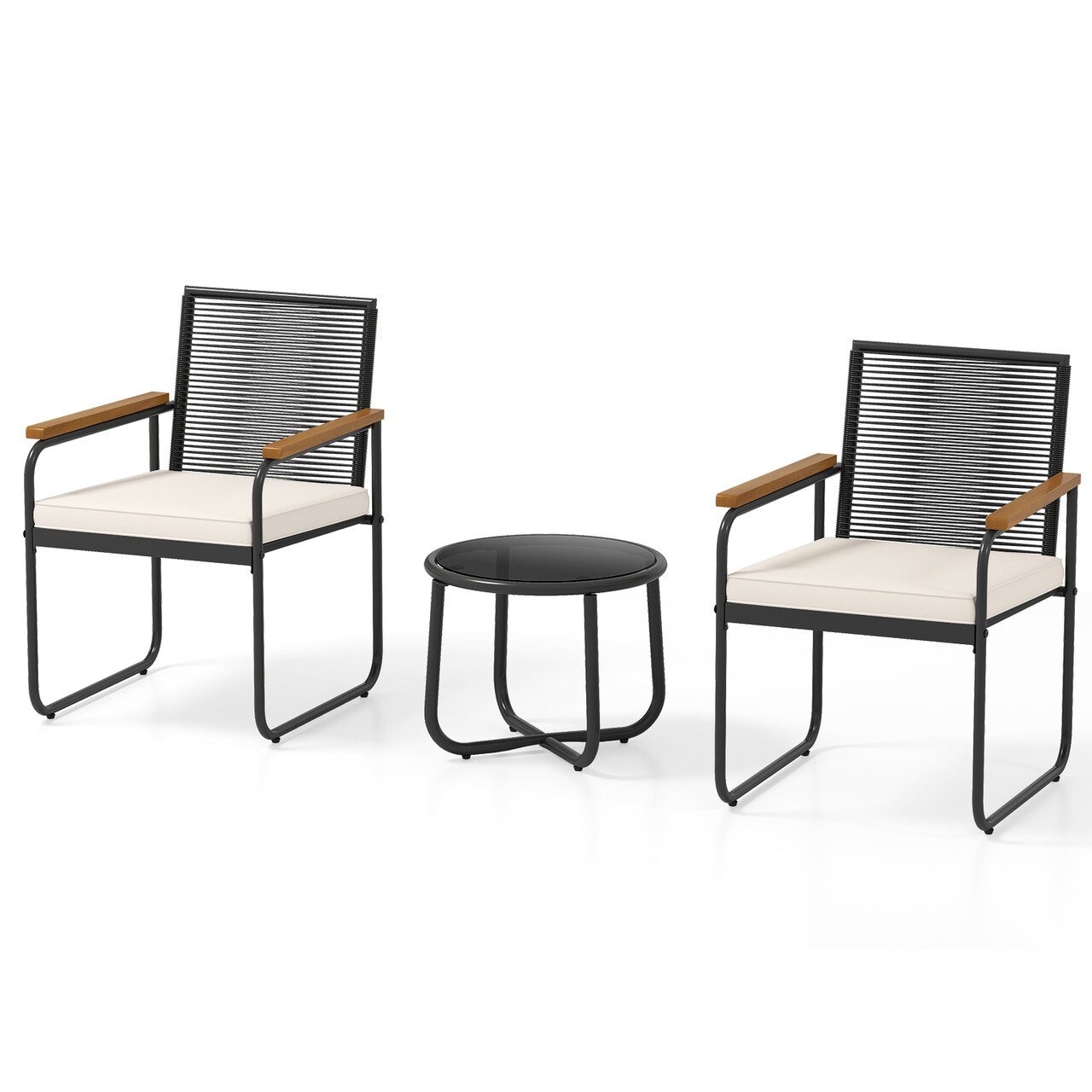 3-Piece Outdoor Bistro Set with Black PE Rattan Chairs and Off-White Cushions Include Glass Table